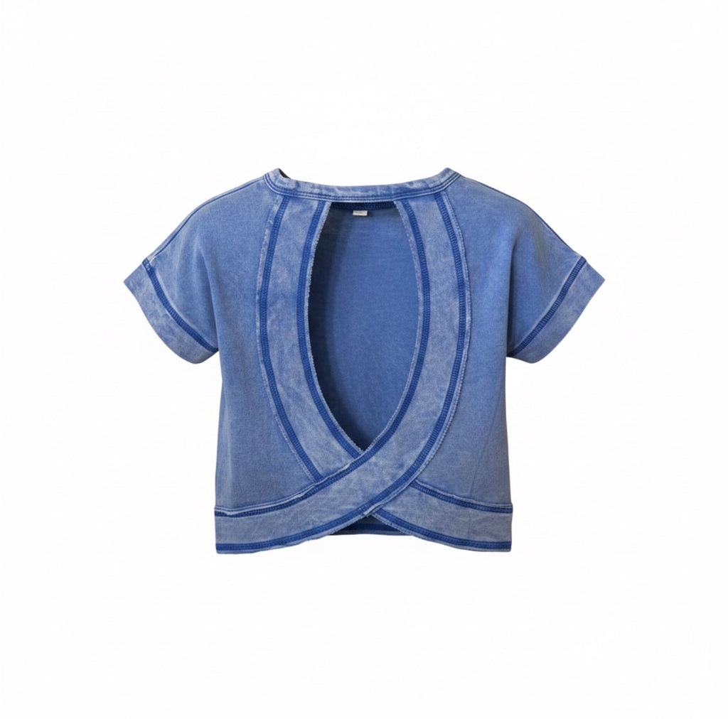 Hayden Girls Blue Open Tulip Back Washed Knit Tee