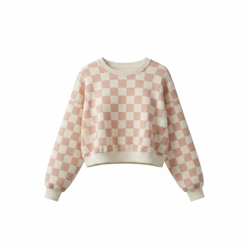 Kimberly C Beige Checkered Crew Neck Sweatshirt