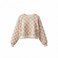 Kimberly C Beige Checkered Crew Neck Sweatshirt