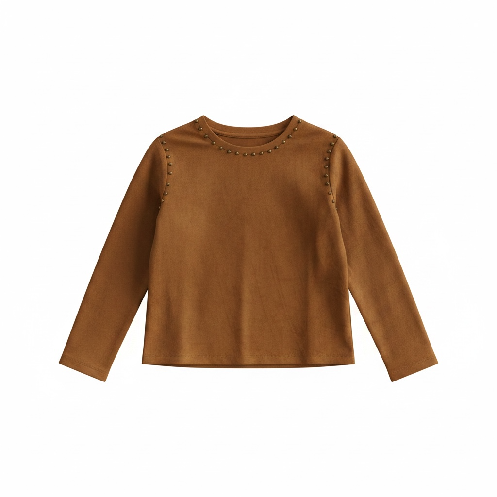 Hayden Girls Camel Studded Detail Long Sleeve Suede Top