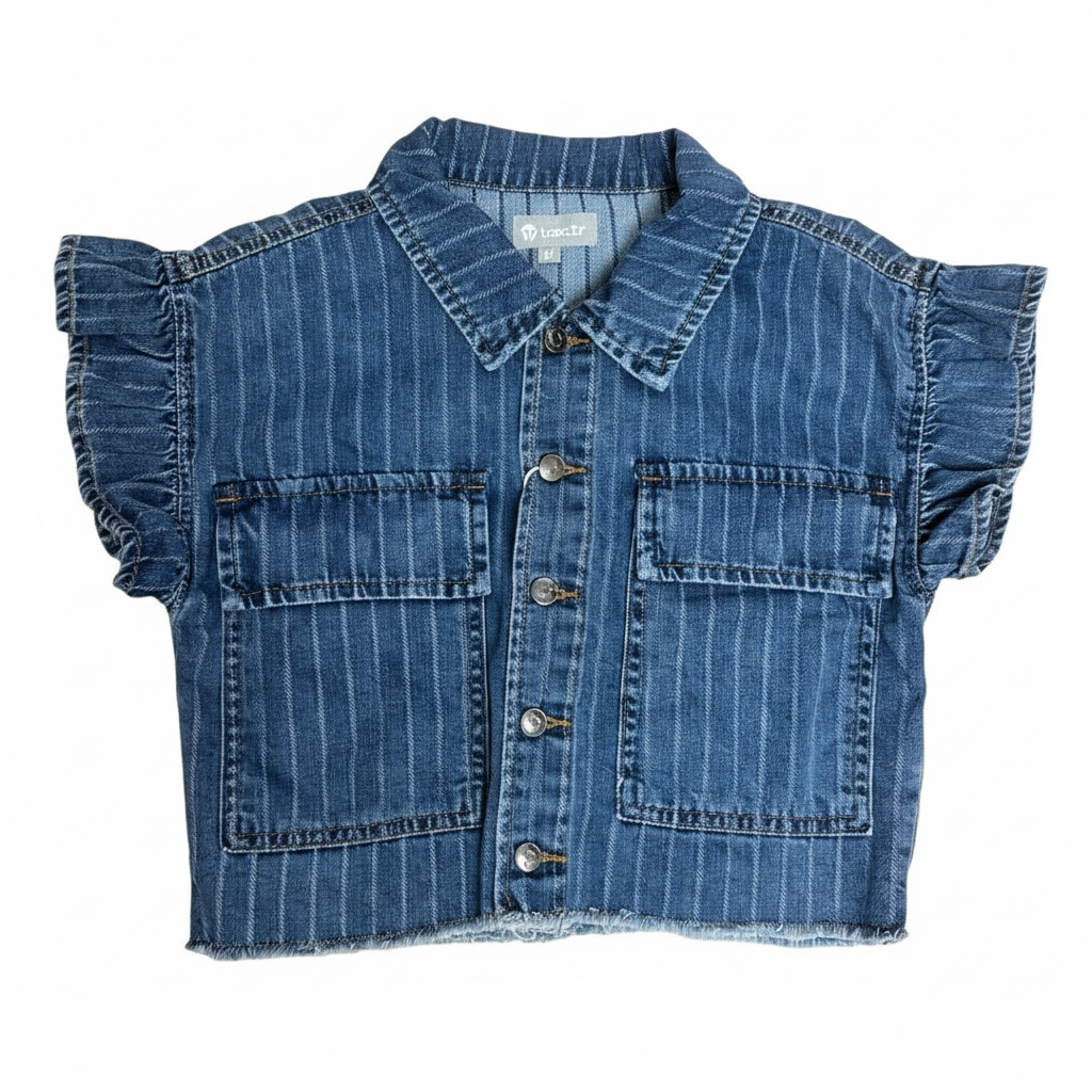 Tractr Jean Ruffle Sleeve Crop Top
